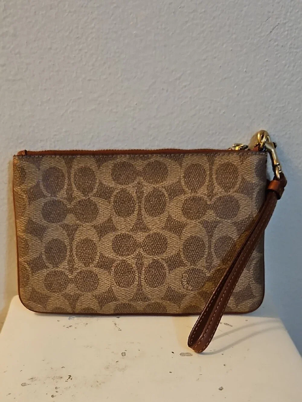 Coach Tan Signature Canvas and Rust Leather Large Wristlet, Card Slots
